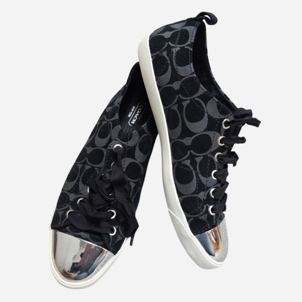 Coach Black And Gray Signature Logo Low Top Sneakers with Silver Metal Toe, Sz 9
